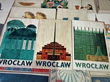 Drewniane kartki seria Wrocławska - Hala Stulecia, Panorama Racławicka, Pawilon Czterech Kopuł
